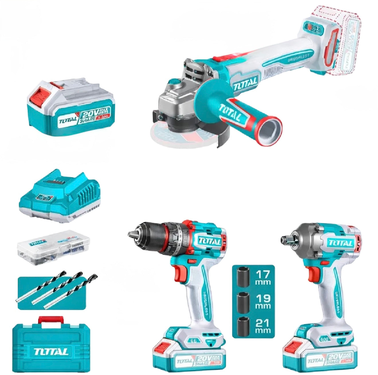 كومبو3*1شنيور دقاق66نيوتن+ صاروخ1000وات+دريل1/2"400ن +2بطارية4امبيرTOTAL