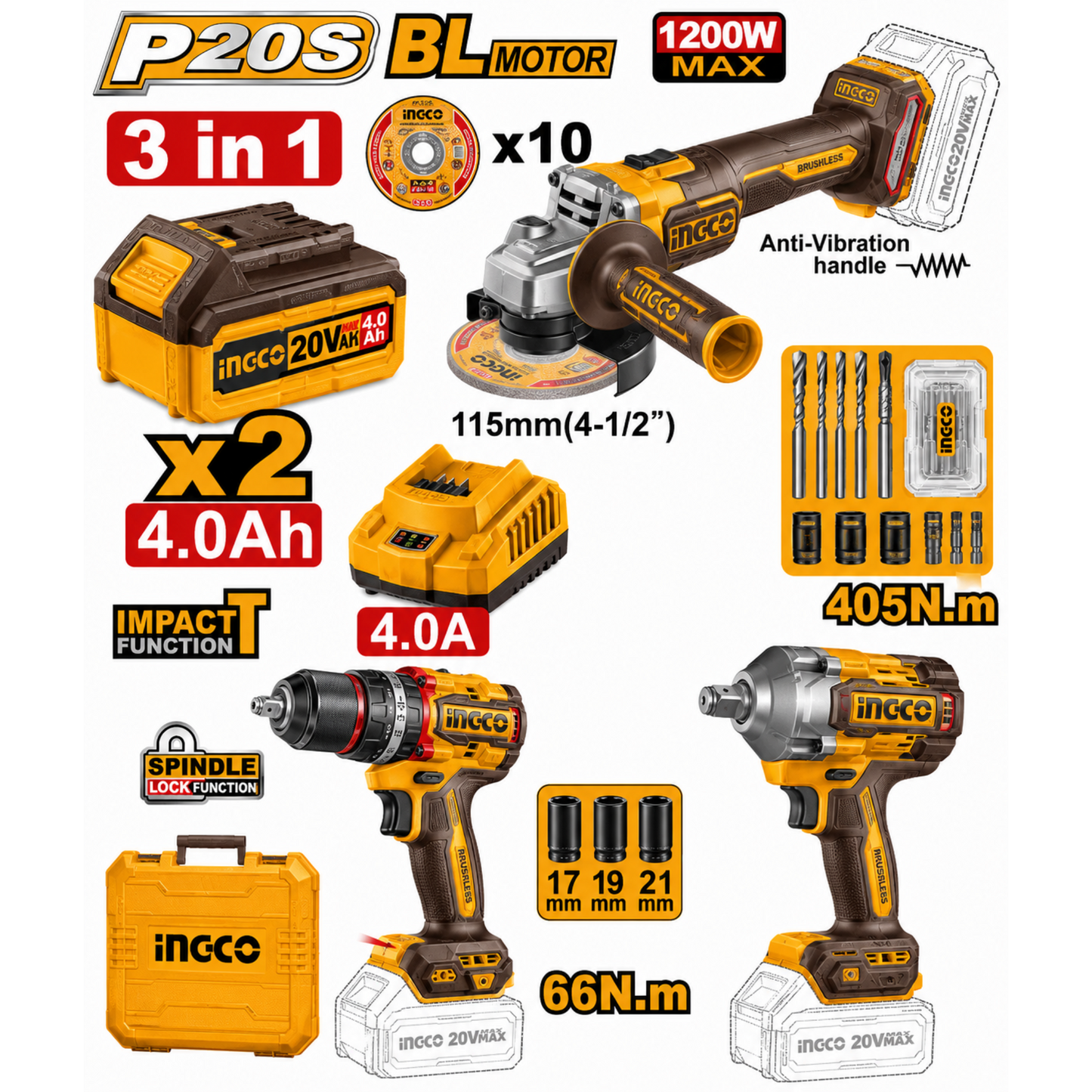 كومبو3*1شنيور دقاق66نيوتن صاروخ1200وات دريل1/2"405ن 2بطارية4امبير INGCO