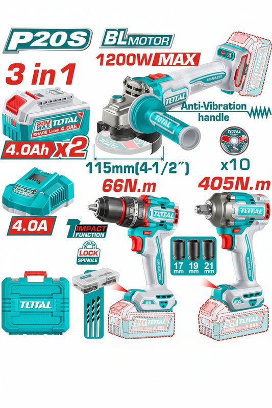 كومبو3*1شنيور دقاق66نيوتن+ صاروخ1200وات + دريل1/2"400ن + 2بطارية4امبير TOTAL