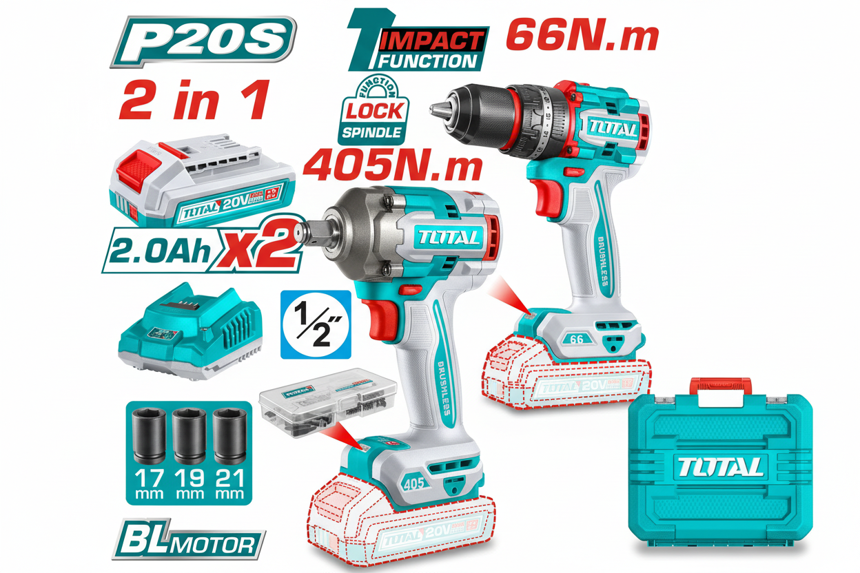 كومبو 2*1 شنيور 66نيوتن + دريل 405نيوتن + 2بطارية وشاحن TOTAL